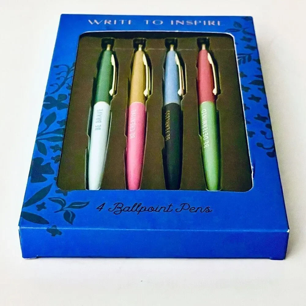 NWT ECCOLO set of 4 Inspirational graphic ballpoint Pens Gift Set Brave Fearless